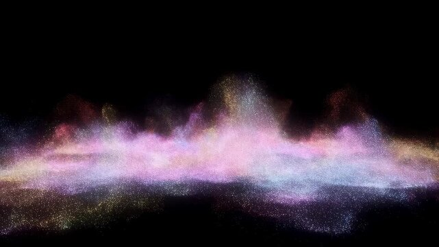 Colorful cloud of glowing particles flows and rises against a dark background. Layered composition brings together particles cloud and flowing motion.