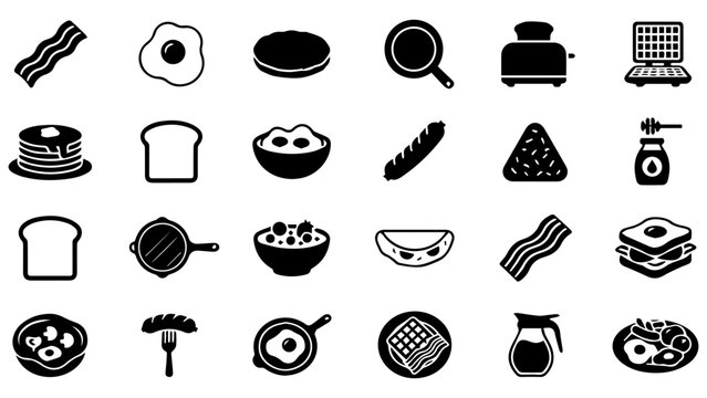 Set of black breakfast food icons including eggs bacon pancakes toast and kitchen appliances