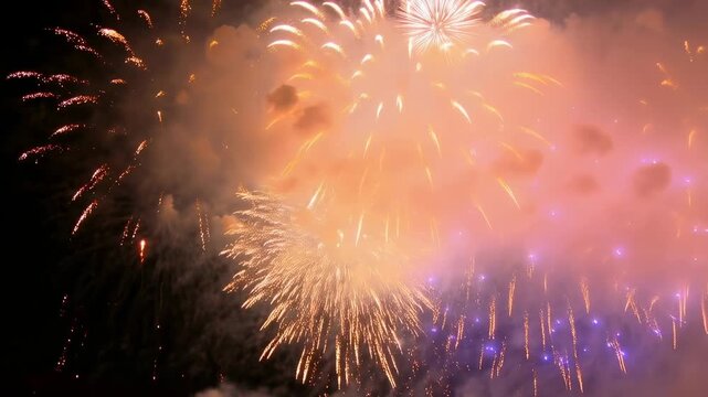 Colorful fireworks bursts explode with sparkling sparks and expanding smoke plumes against a dark night sky. Abstract energy backdrop features exploding and visible light.