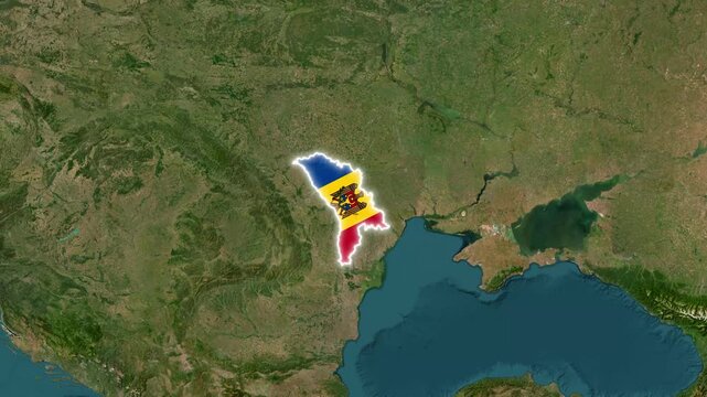 Moldova geographic map border highlighted with national flag colors in a smooth zoom motion animation style digital video footage clip