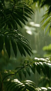 Rainwater collects on foliage in a forest as droplets slide down the leaves under soft light in a natural environment.