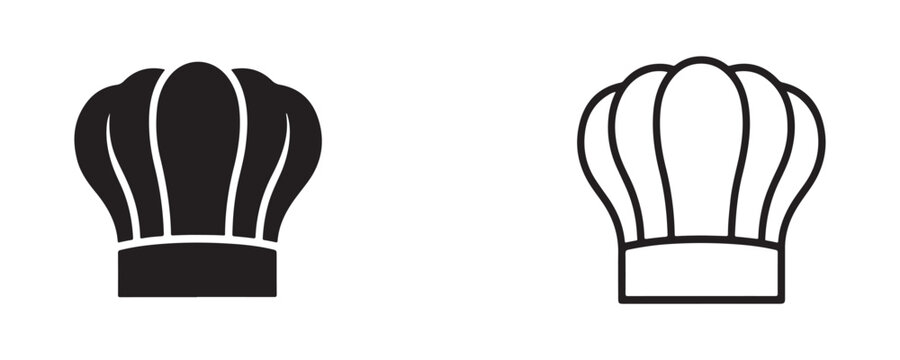 Chef hat vector illustration set featuring solid black silhouette and clean line art outline icon.