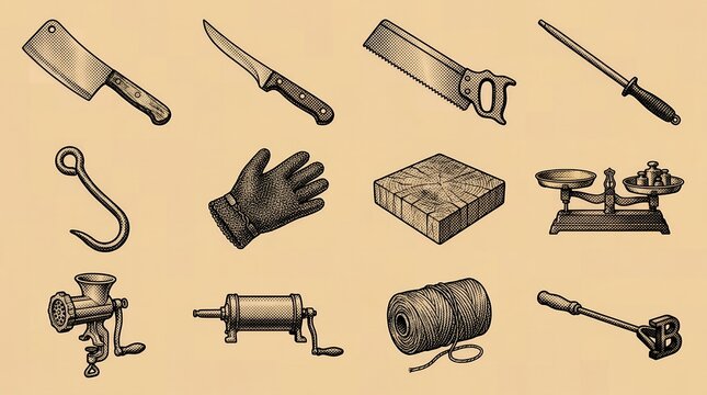Butcher tools set with black ink dotting style for professional meat processing equipment.