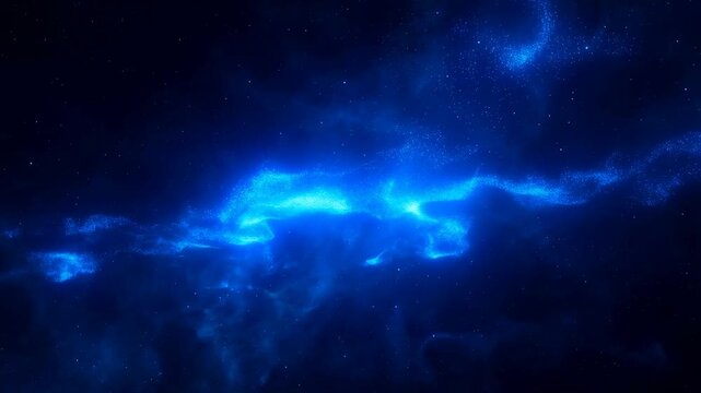 Glowing blue nebula with drifting particles in a dark abstract space-like environment. Animated scene combines glowing cloud shapes and small bright particles with light.