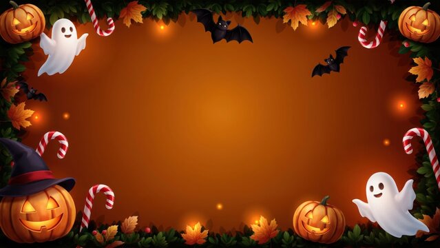 Halloween background with pumpkins, ghosts, bats, and candy canes