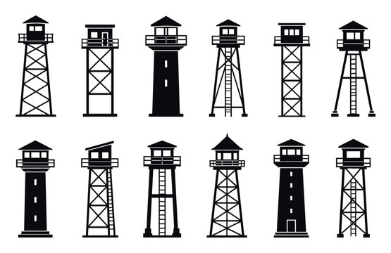 Watchtower icons set of guard observation towers featuring various architectural designs of military lookout posts, prison security structures, and forest fire detection stations