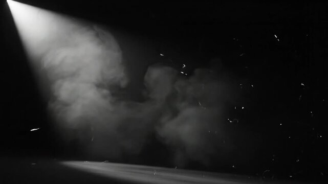 Dramatic slow motion sequence of lightning storm with bright spotlight and swirling smoke in dark environment