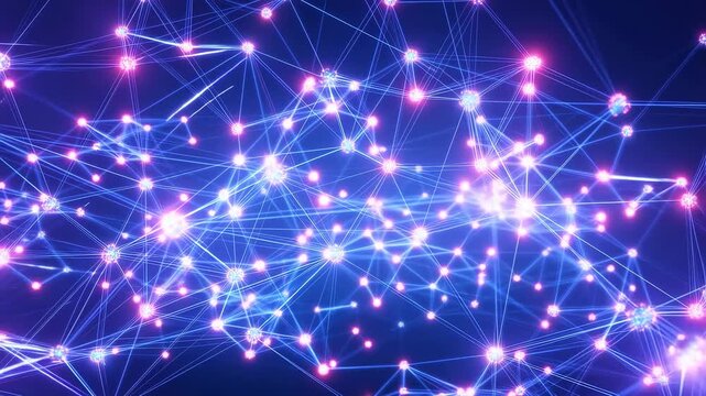 Glowing blue, pink, and purple nodes pulse and shift dynamically while connected by thin luminous lines. Animated texture shows points of light and thin connecting lines with pulsing motion.