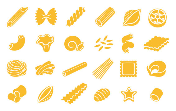 Yellow pasta shapes vector icon set showing various traditional Italian macaroni varieties like farfalle, penne, fusilli, ravioli, spaghetti, and lasagna for culinary design