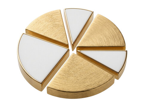 Pie chart financial diagram gold chart, 3D model with brushed metallic gold and white slices displaying market share growth, data analytics, business statistics, luxury corporate strategy concept.