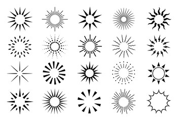 Obraz premium Black sunburst icons and sun symbol vector set featuring various geometric starburst designs, light rays, sparkles, and celestial elements for graphic design projects