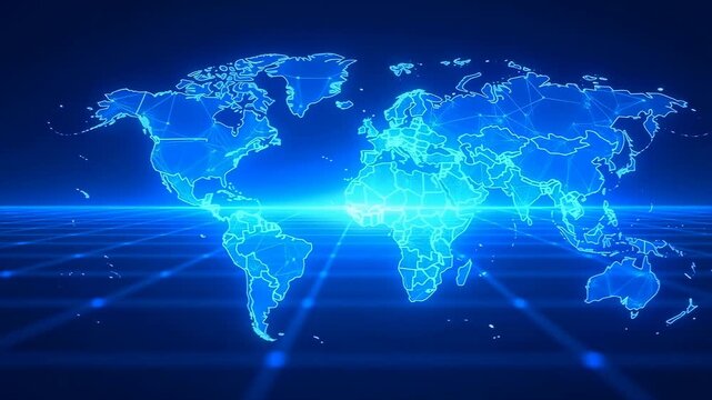 Glowing digital world map with network lines pulses and emits horizontal light rays on a dark background. Pulsing glow creates glowing light and visible depth.