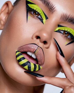 Extreme close-up beauty portrait with neon green and black graphic eye makeup striped lips and long black nails framing the face Vision of experimental cosmetics