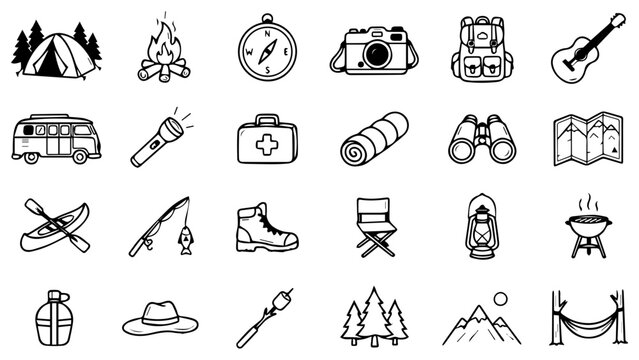 Hand drawn camping and outdoor adventure travel icons set with tent bonfire and hiking gear