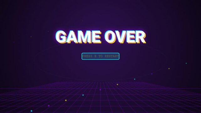 Retro Game Over Screen Animation With Glowing Neon White Text And Press R To Restart Button On Synthwave Purple Perspective Grid Background For Arcade Video Game User Interface Digital Design