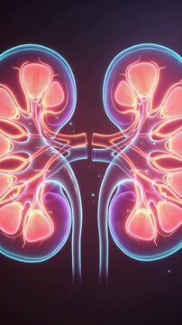 Glowing human kidney pair anatomy illustration with pink and blue neon outline showing renal structure medical technology science concept