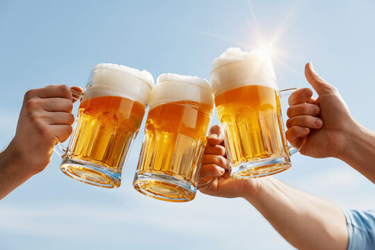 Three hands toasting with beer mugs against sunny blue sky, Oktoberfest cheers photo