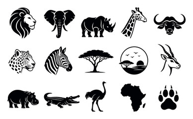 Naklejka premium African wildlife silhouette vector icon set featuring lion, elephant, rhino, giraffe, zebra, leopard, crocodile, hippo, and safari elements