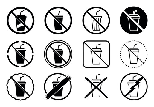 No drinks allowed prohibition sign icons set featuring various black and white vector symbols for beverage restriction, no drinking rules, and warning notices
