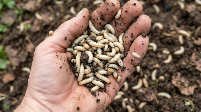 Close Up Hand Holding Garden Grubs for Fishing Bait or Soil Health