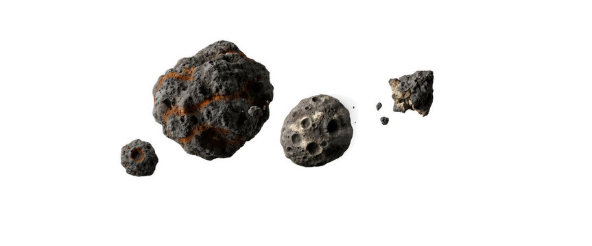 Rocky meteoroids scattered in space with textured surfaces isolated on transparent background