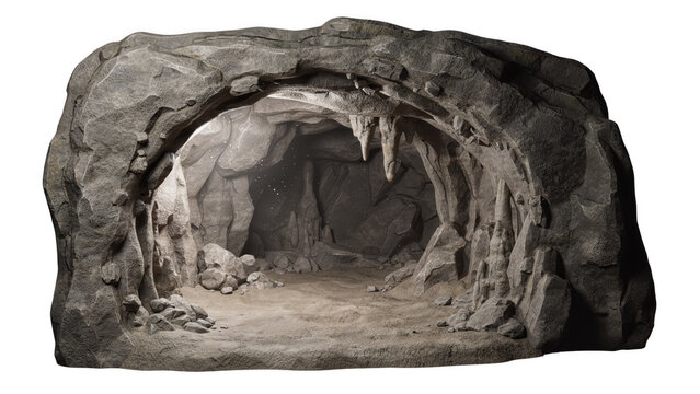 Rocky cave entrance with stalactites illuminated by natural light for adventure concepts isolated on transparent background