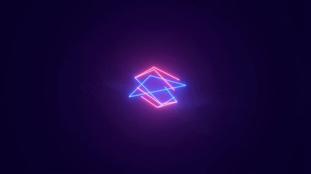 Rotating neon pink and blue lines intersect to form glowing geometric shapes on a dark purple background. Smooth animated scene for logo reveal and digital branding.