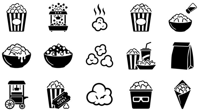 Set of black and white popcorn icons showing movie snacks and cinema food items in a simple flat style
