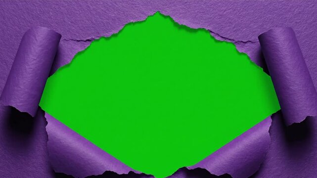 Purple torn paper ripped open revealing green screen background copy space for text or chroma key effect creative template design element