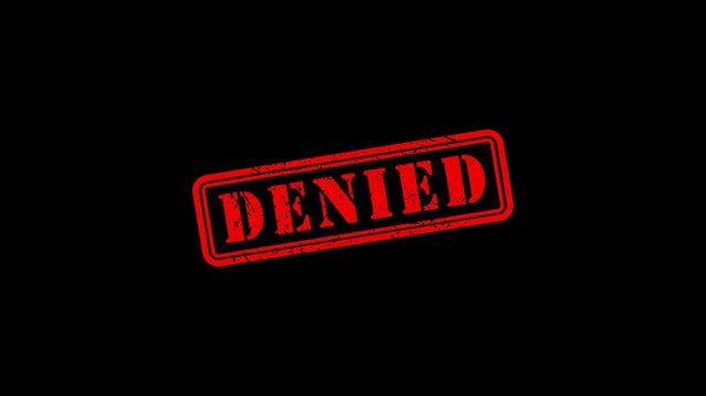 Red denied rubber stamp animation on black background, for business rejection, concept, DENIED