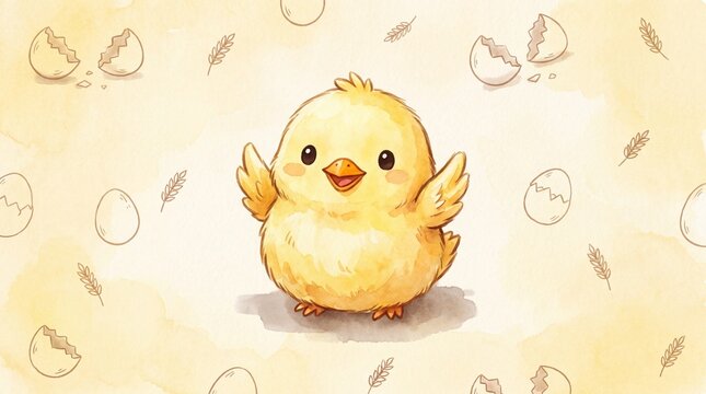 Watercolor illustration of a cute fluffy yellow baby chick with cute animal