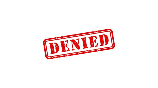 Red denied rubber stamp impression on white background, grunge style text overlay rejected, DENIED