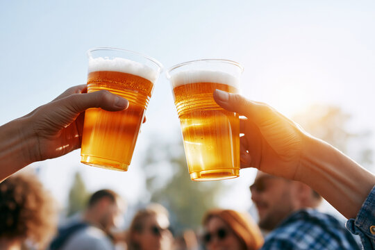 Two plastic beer cups toasting against bright sky with people in background, cheers photo