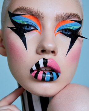 Close-up portrait with graphic blue orange and black eye makeup striped pink lips and flushed cheeks against a blue background with open space for advertising layout Theme of bold avantgarde beauty