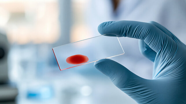 Microscope slide featuring dried red blood smear sample for clinical laboratory analysis, defocused hematology specimen, diagnostic sample examination, with copy space