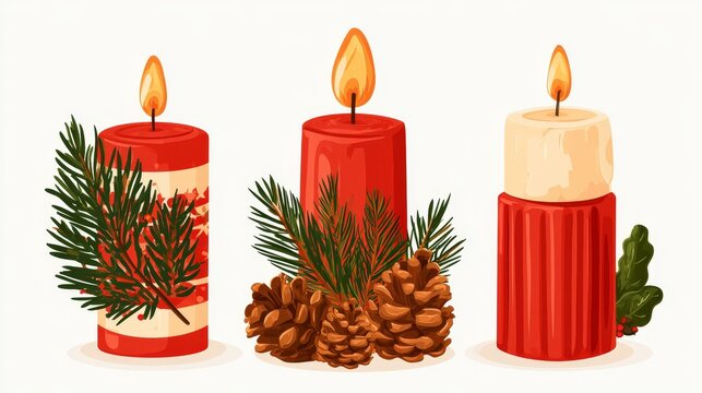 Christmas-themed decorated candles featuring cozy cartoon wax candles, aromatic holiday designs, spruce branches, and fir cones, presented as a flat vector illustration set on a clean white background