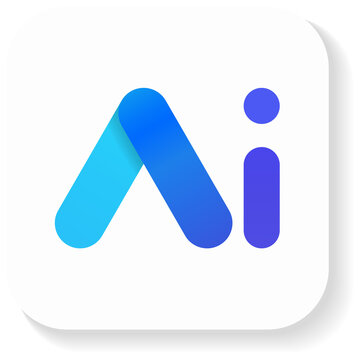 Minimalist artificial intelligence app icon illustration featuring stylized letters AI in blue and purple gradient on a rounded square button with soft drop shadow over transparent background.