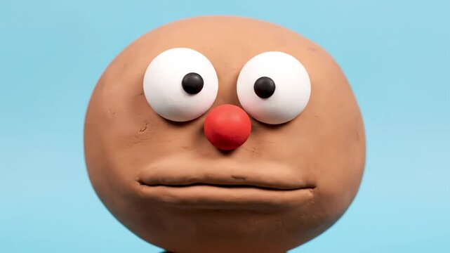 Close up of a claymation character with big eyes and a red nose.