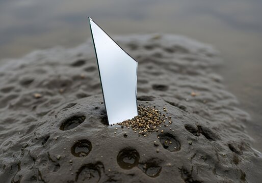 Broken glass mirror shard reflecting light stuck in textured coastal clay mound