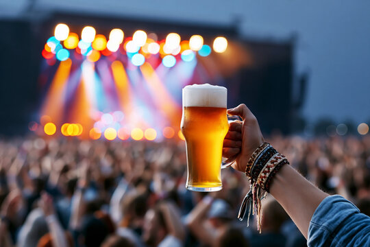 Hand raising beer glass at night music festival with colorful stage lights, Oktoberfest concert photo