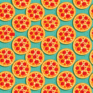 Seamless tablecloth pizza pattern across a vibrant turquoise background