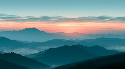Fototapeta premium Layered teal mountain landscape beneath soft wavy clouds in a dreamy gradient sky, featuring smooth atmospheric depth, misty ridges, flowing cloud formations, and a tranquil abstract aesthetic.