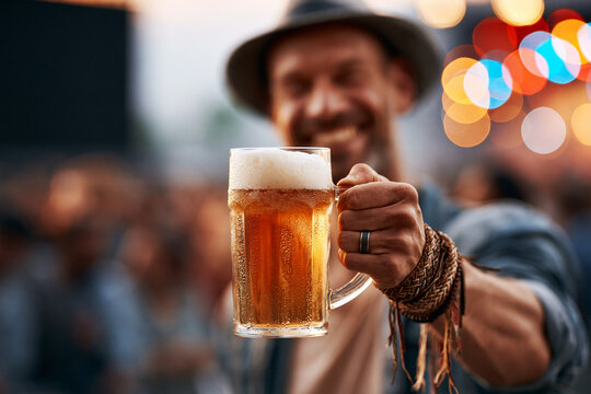 Smiling man in hat holding beer mug at outdoor festival with bokeh lights, Oktoberfest photo