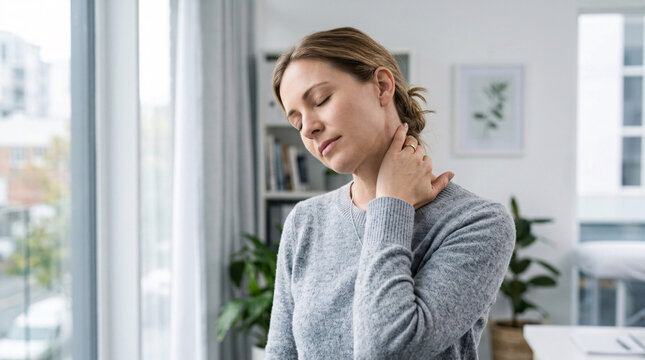Woman feeling neck pain and stiffness, massaging her sore shoulder, indicating discomfort from stress or poor posture
