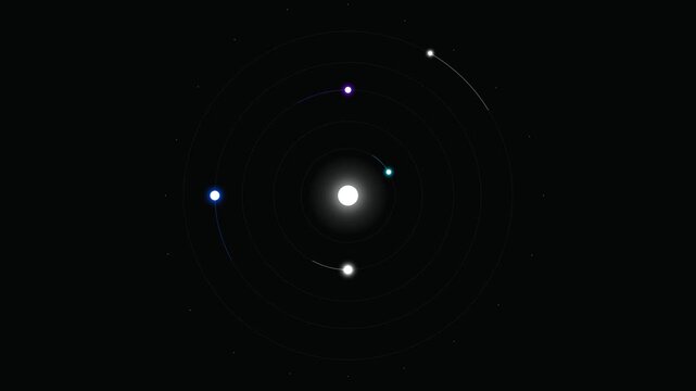 Stylized atomic model or planetary system with glowing orbits on black background