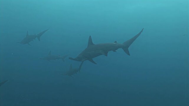 School of hammerhead sharks swimming in clear blue ocean waters