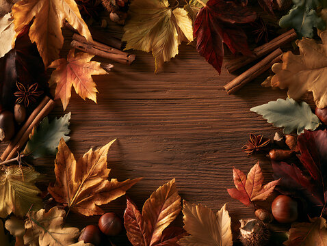 Autumn leaves and spices create a seasonal display on a wooden surface for a festive decoration
