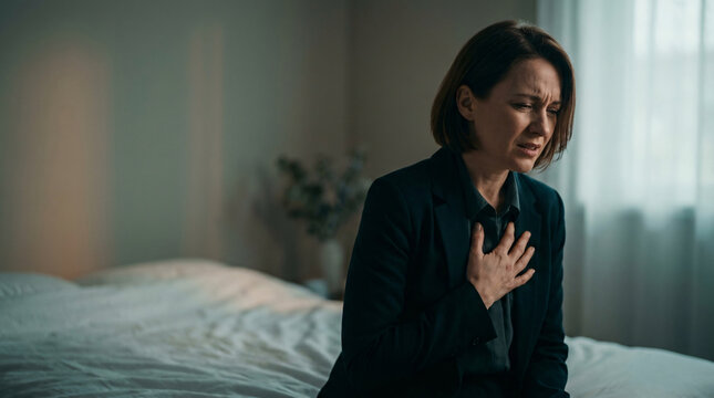 Woman in business suit clutching chest in pain, experiencing distress or anxiety at home