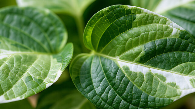 View of variegation leaf surface showing plant cells for education, leaf in macro shot background, bright green leaves of plant or tree with texture and pattern closeup, with copy