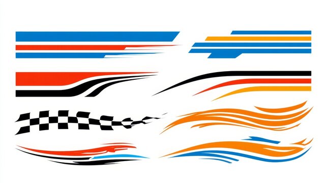 Isolated editable vector template set representing motorsport, car racing, vehicle customization, racing stripes, vinyl decals, speed, performance, automotive branding, and sporty graphic design.